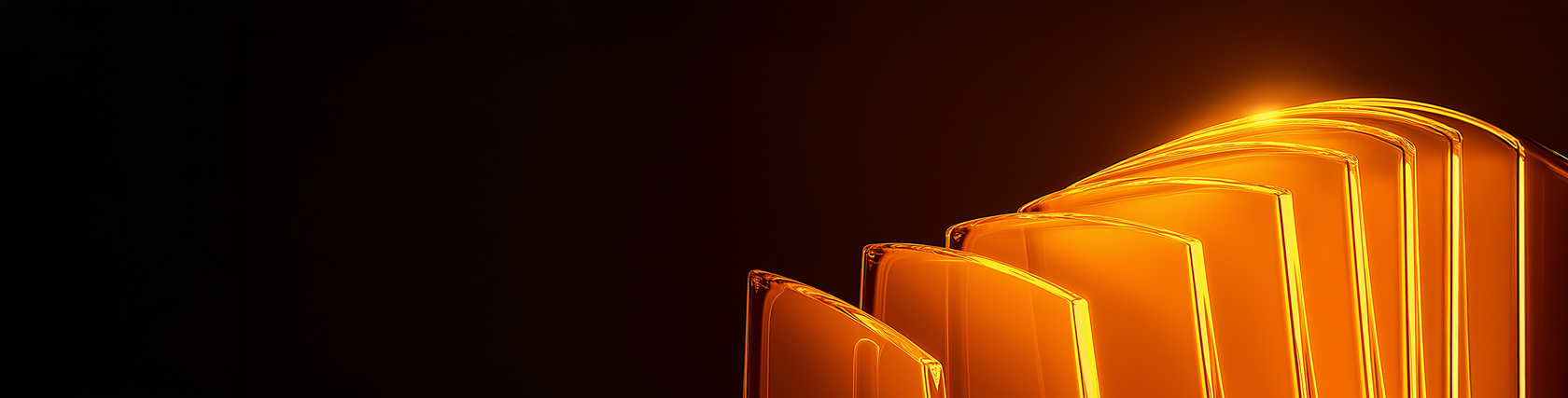 Abstract translucent orange forms arranged in a layered sequence, symbolizing structure and progression.